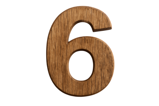 Wooden number six numeral isolated on white background, carved oak wood texture, 3D studio typography for counting, education and natural design