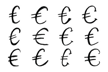 Set of hand drawn euro currency symbol. Brush stroke doodle. Single element for design