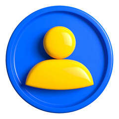 Stylized person icon with yellow figure in a blue circle, 3D rendering