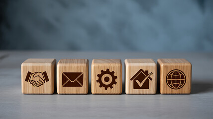 Wooden cubes with handshake envelope gear house check and globe icons for partnership email communication system setup home approval and global networking