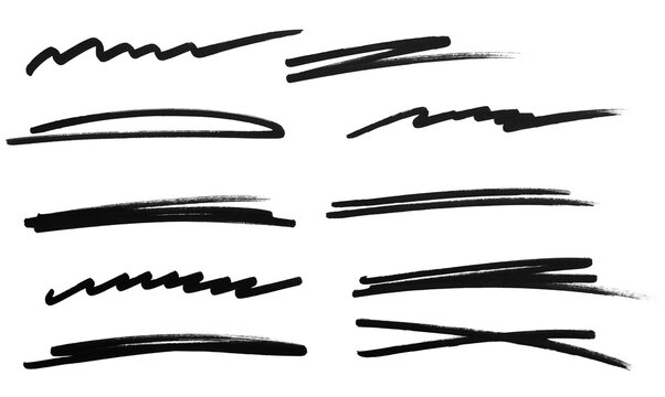 Underline stroke marker felt pen scribbles doodle line collection. Hand drawn outline sketch wave brush mark elements crosshatch rough dividers set for text highlight underline emphasis.