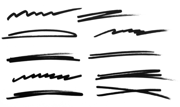 Underline stroke marker felt pen scribbles doodle line collection. Hand drawn outline sketch wave brush mark elements crosshatch rough dividers set for text highlight underline emphasis.