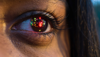 Naklejka premium Close Up Human Eye Reflecting Christmas Lights