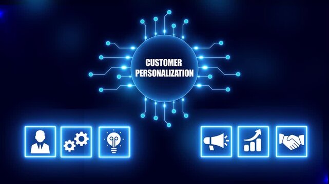 Digital concept of customer personalization with glowing icons and circuit board design on dark blue background