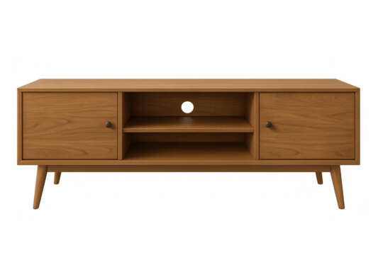 Wooden media console showcasing a mid-century modern design, featuring two side storage cabinets, central open shelves, and a cable management hole. Transparent background
