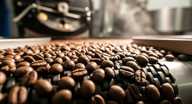Aromatic roasted coffee beans are transported on a cooling conveyor belt after the roasting process in a modern industrial facility