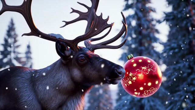 Reindeer Looking at Ornament in Snowy Winter Forest Scene