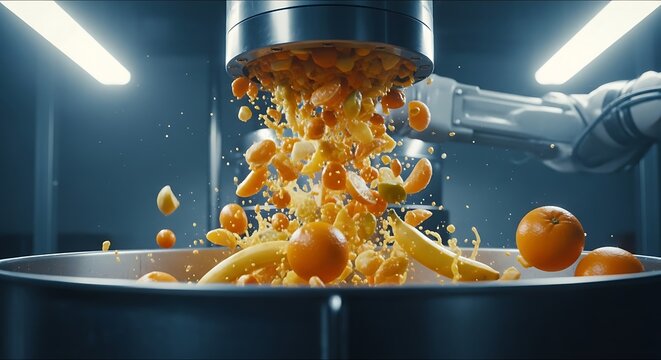 Robotic Arm Processing Fresh Fruits into Juice, High-Tech Food Preparation