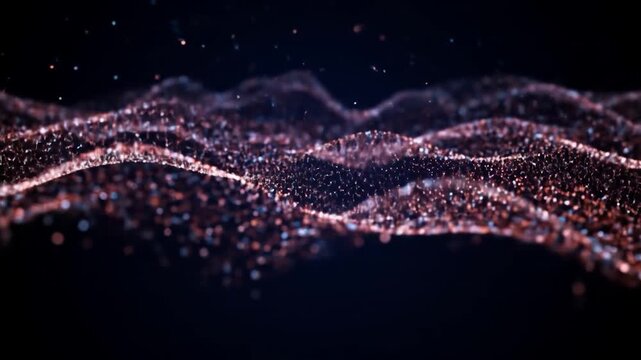 Glowing pink particles form a wavy abstract pattern against a dark blue background