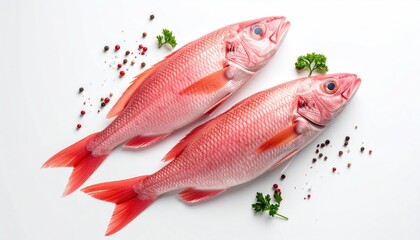 Two Whole Red Snapper Fish With Parsley and Peppercorns on White Background Overhead Shot