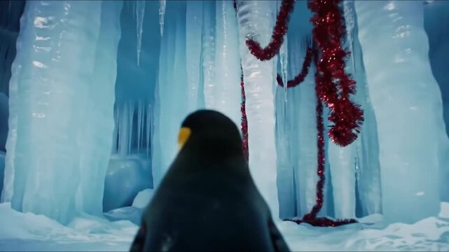 Penguin Walking in Snowy Ice Cave with Icicles Overhead