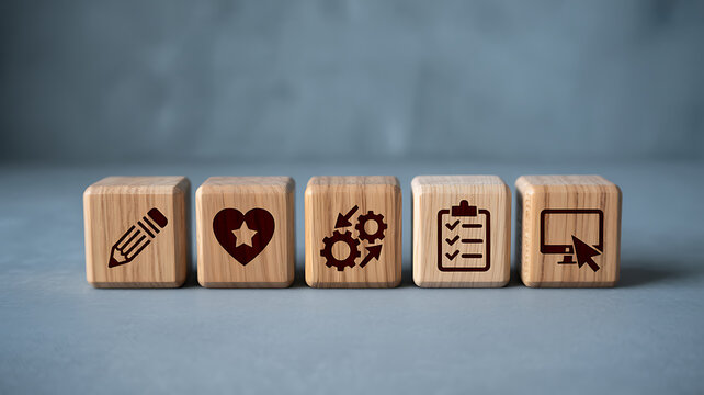 row of wooden cubes with icons for pencil favorite process checklist and computer symbolizing creative planning workflow and digital productivity in minimal studio scene