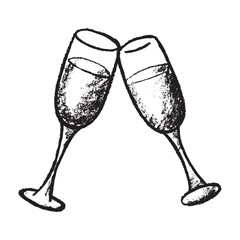 Hand drawn champagne glasses clinking together Alcohol drink clipart in doodle style Single element for print, web, design, decor Happy New Year 2026