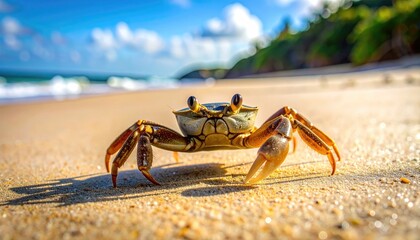 Close up of a crab on a sandy beach with waves in the background and green foliage on a sunny day