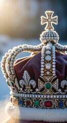 Obraz premium Close up of a Royal Crown adorned with precious jewels and intricate details.