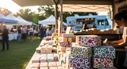 A vibrant outdoor market stall showcasing an inviting display of beautifully packaged artisan soaps and unique handmade crafts, reflecting the energy of local commerce and community