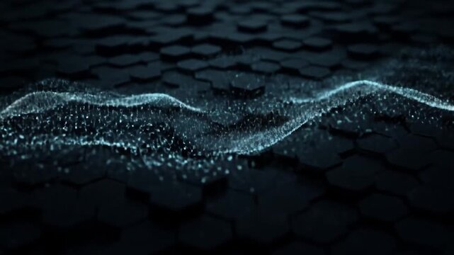 Abstract dark hexagonal field with glowing blue particles forming wave-like patterns