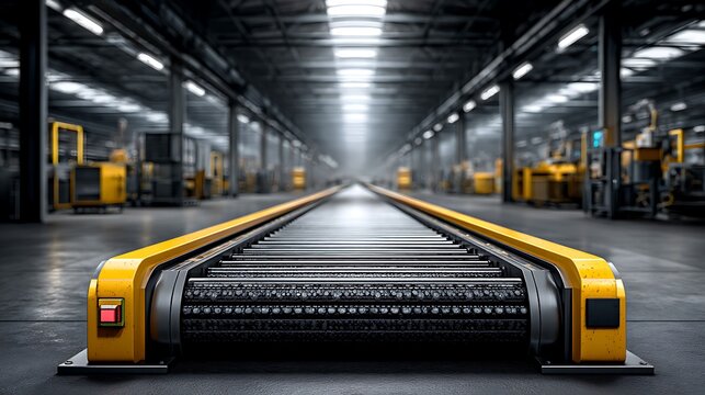 Assembly line integrated with AI-controlled conveyor belts and inspection systems, factory overview shown through augmented digital control interfaces.