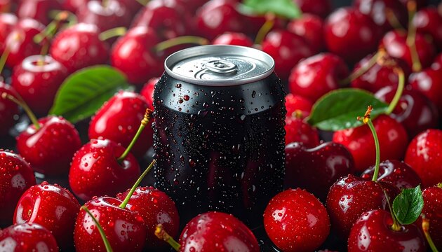 Black soda can with water droplets amid fresh, juicy, wet, ripe cherries - Powered by Adobe