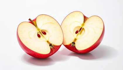 Vibrant Red Apple Halved Showcasing White Flesh and Seeds Against a Clean White Background with Subtle Shadow