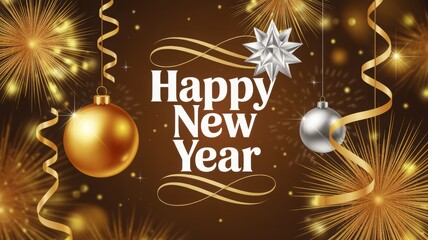 Sparkling golden happy new year celebration with festive ornaments ribbons and fireworks display