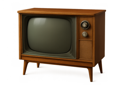 Vintage television set displaying a blank screen, with control knobs and speaker, symbolizing classic entertainment. Transparent background