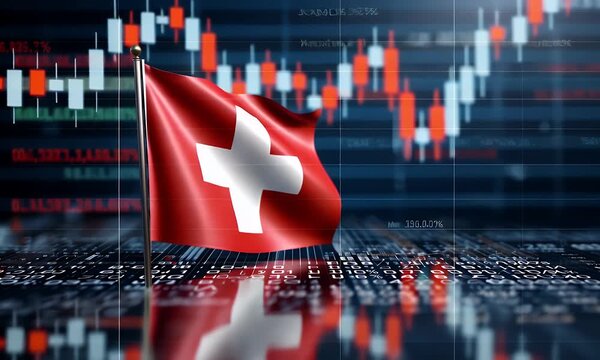 Abstract representation of a national flag placed on top of a financial stock market chart with upward trending lines indicating growth and positive economic performance
