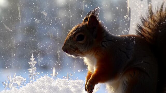 Squirrel Looking at Winter Scene Through Snowy Window Closeup