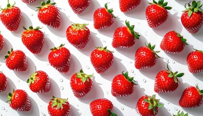 Vibrant Red Strawberries Pattern with Water Droplets on a White Surface Lit by Bright Sunlight Creating Sharp Shadows