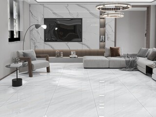 Modern neutral-toned interior design with tiled wall decor and subtle silver accents, television in the marble wall panel, warm white sofa set with cushion, hanging chandelier. Mockup. 3D Rendering