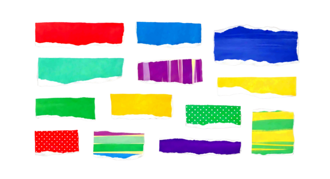 Collection of colorful torn paper scraps with textured patterns isolated on transparent background