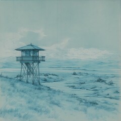 Fototapeta premium Minimalist landscape watchtower on a hill against a blue sky background