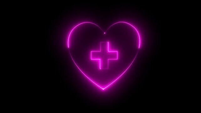 Neon Heart with Medical Cross, Glowing Medical Symbol with Heart .glowing neon love icon with blue and rad line animation on a black background.4K video animation