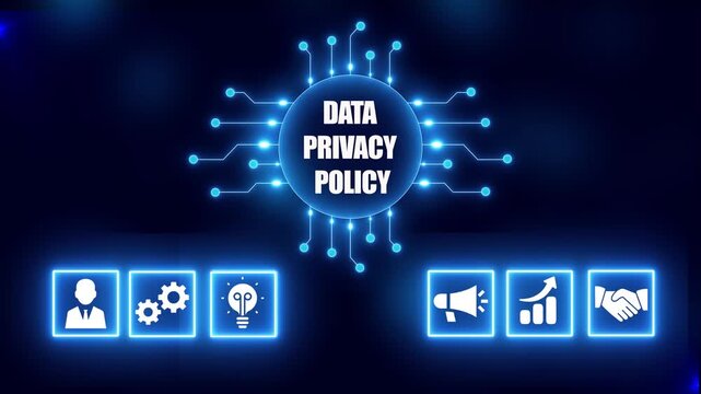 Digital concept of data privacy policy with glowing icons and circuit board design on dark blue background