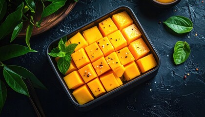 Vibrant Yellow Mango Cubes Freshly Cut and Sprinkled With Black Sesame Seeds Garnished With Bright Green Mint Leaves In A Black Container On Dark Textured Surface