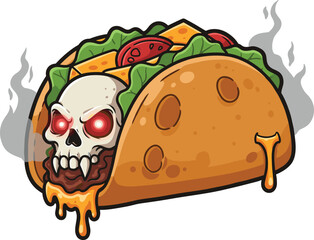 Sinister Taco with Glowing Skull Eyes, Melting Cheese, and Smoke in Horror-Themed Cartoon Vector Food Illustration