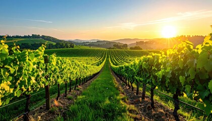 Vineyard At Sunset With Rows Of Green Grapes And Golden Sunlight Shining Through The Leaves