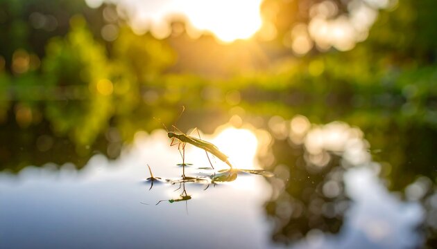 Water strider insect gracefully gliding on a tranquil lake with sun-kissed reflection and serene nature scene
