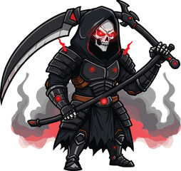 Undead reaper warrior with double-bladed scythe, glowing red eyes, spiked armor, and smoky red energy in fantasy style