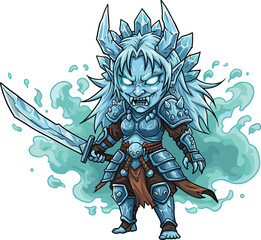 Undead Ice Warrior with Glowing Eyes and Jagged Sword Surrounded by Mystical Mist in Battle Ready Pose