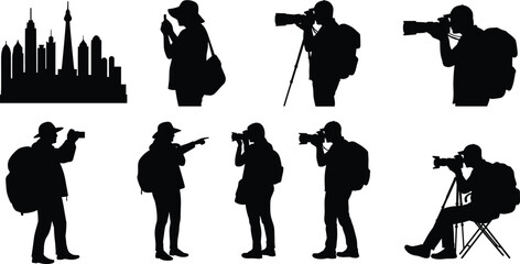 Urban Photographers Exploring City Skyline with Cameras and Tripods – Silhouette Vector for Travel and Tourism Concepts