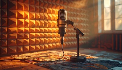 Vintage Microphone on Stand in Warmly Lit Recording Studio with Textured Walls and Sunlight Through Window