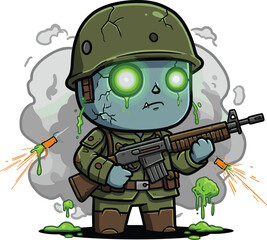 Zombie soldier with glowing green eyes, cracked helmet, dripping slime and rifle in smoky battle scene vector illustration