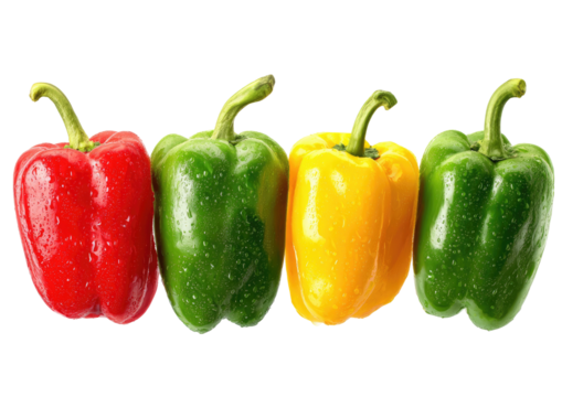 Peppers red, green, and yellow; aligned, isolated, fresh