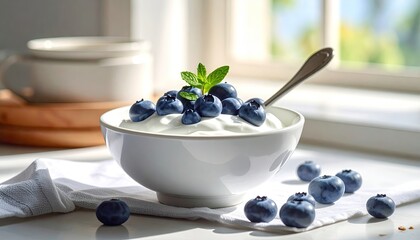 White Bowl Of Creamy Yogurt Topped With Fresh Blueberries And Green Mint Leaves Accented By Soft Morning Sunlight On A White Kitchen Countertop With A Spoon