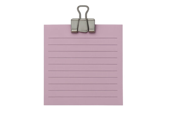 Pink lined notepaper held by silver binder clip providing space for messages and reminders with transparent background