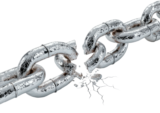 Broken metal chain with a cracked link, dark background