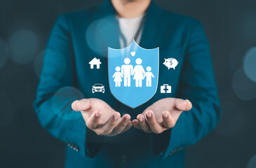 Businessman holding and giving insurance and assurance icon including family health real estate car...