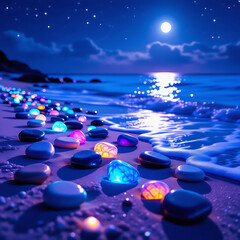Obraz premium “Magical Glowing Stones on Moonlit Beach — Fantasy Night Seascape”