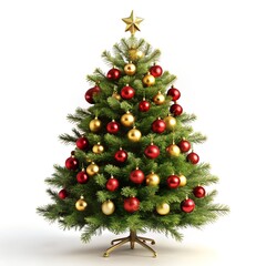 Elegant Christmas Tree with Red and Gold Ornaments on Pure White Background – 16K Studio Photo
